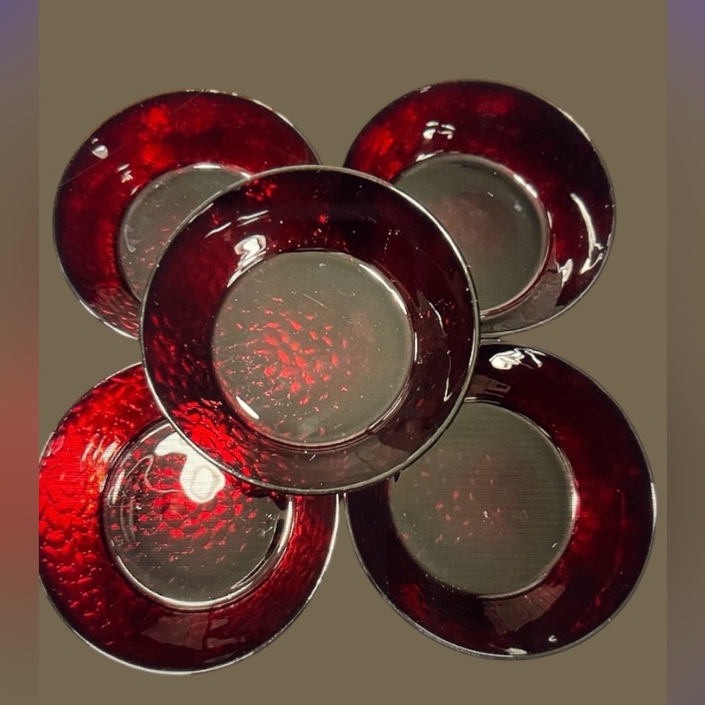 5 Bowls Arcoroc  6.25” Vintage Vecors Ruby Red Glass Hammered textured Cereal